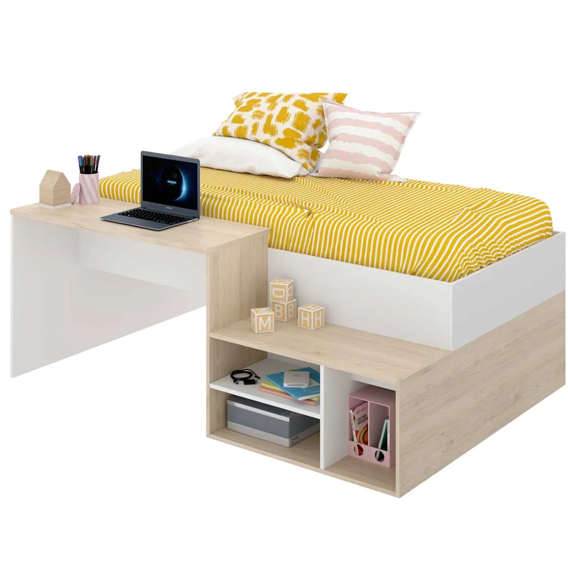 Cama con escritorio Kric blanco/natural 72x195x134 cm