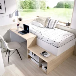 Cama con escritorio Kric blanco/natural 72x195x134 cm