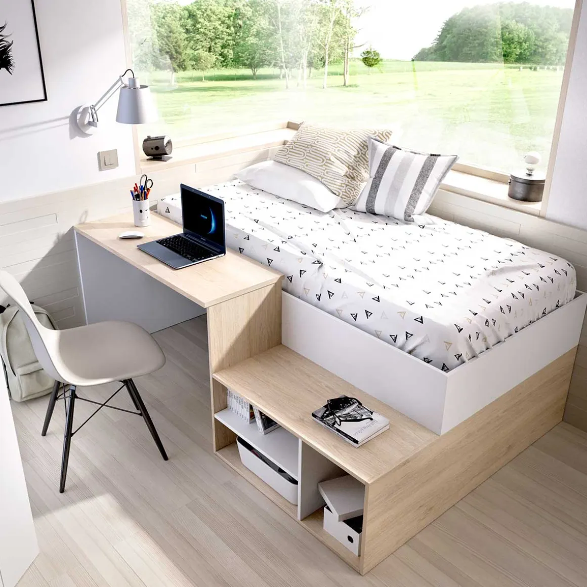 Cama con escritorio Kric blanco/natural 72x195x134 cm