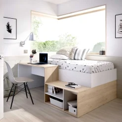 Cama con escritorio Kric blanco/natural 72x195x134 cm
