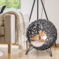 Cama cueva para gatos PawHut de ratán con cojín