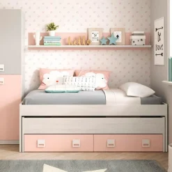 Cama doble + estante Nube + cajón gris claro/rosa