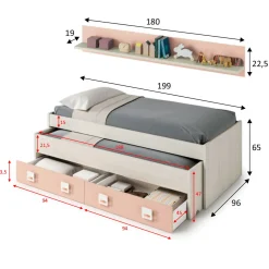 Cama doble + estante Nube + cajón gris claro/rosa