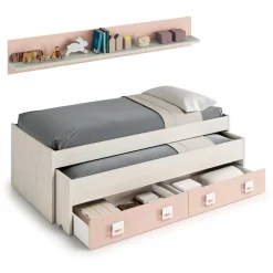 Cama doble + estante Nube + cajón gris claro/rosa