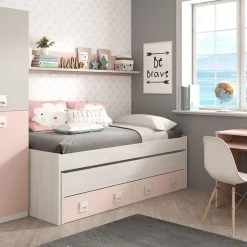 Cama doble + estante Nube + cajón gris claro/rosa