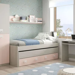 Cama doble + estante Nube + cajón gris claro/rosa