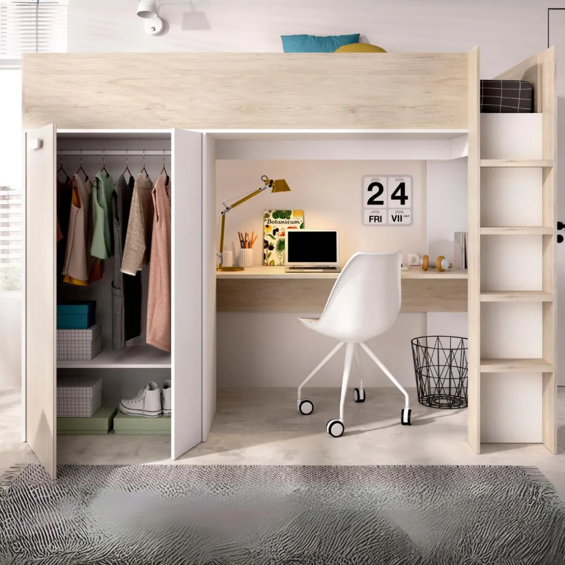 Cama estudio Spylo con mesa de estudio + armario natural 177x205x112 cm