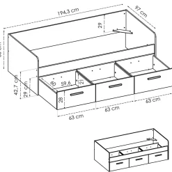 Cama nido Mek 3 cajones blanco 60x194x97 cm