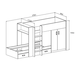 Cama tren Donald 2 camas + 2 cajones + armario 150,6x278,5x99,6 cm