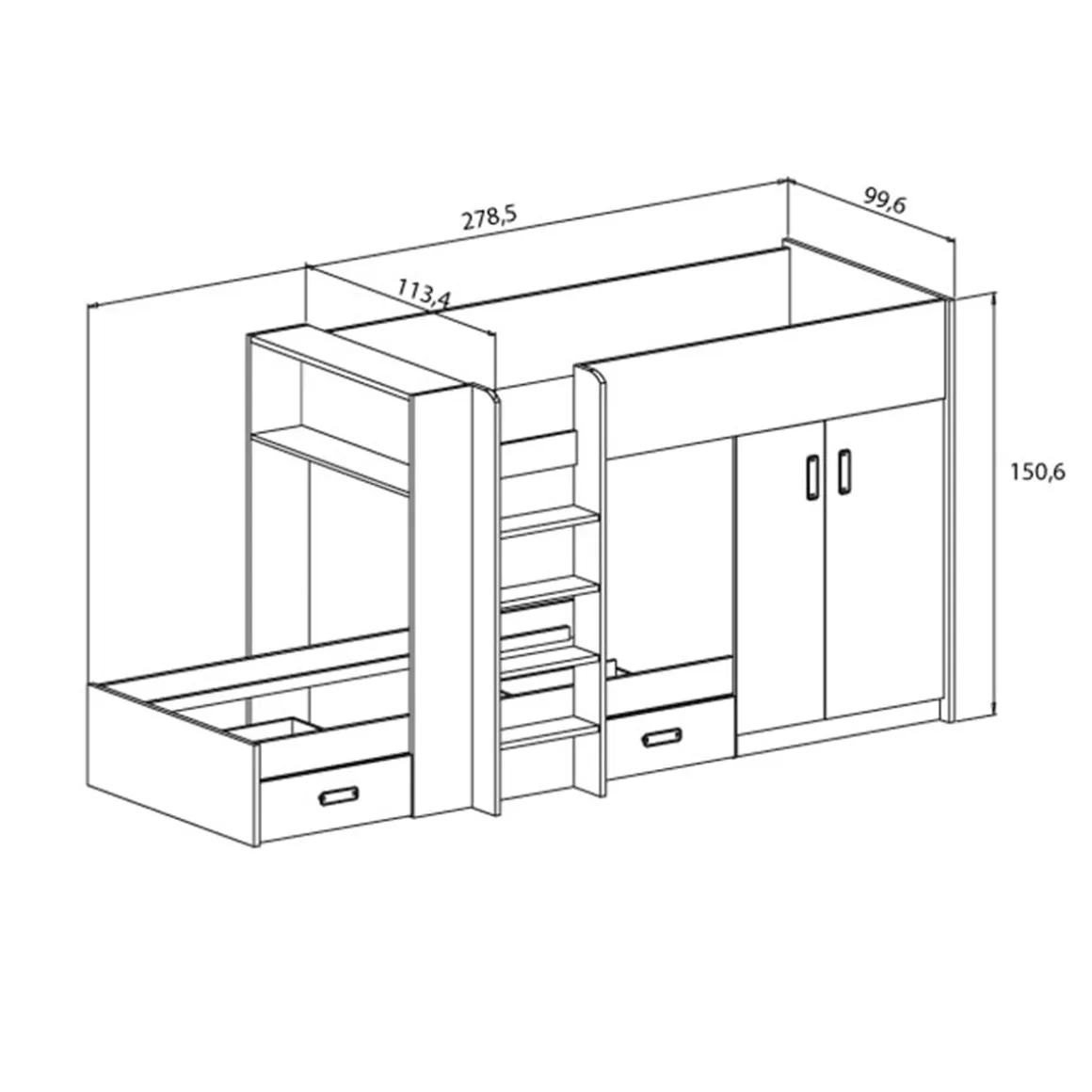 Cama tren Donald 2 camas + 2 cajones + armario 150,6x278,5x99,6 cm