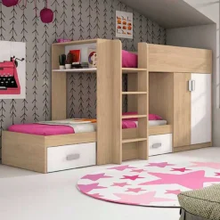 Cama tren Donald 2 camas + 2 cajones + armario 150,6x278,5x99,6 cm