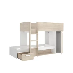 Cama tren Kos 2 camas + armario + cajón + 2 compartimentos + barra natural 150x246x112 cm