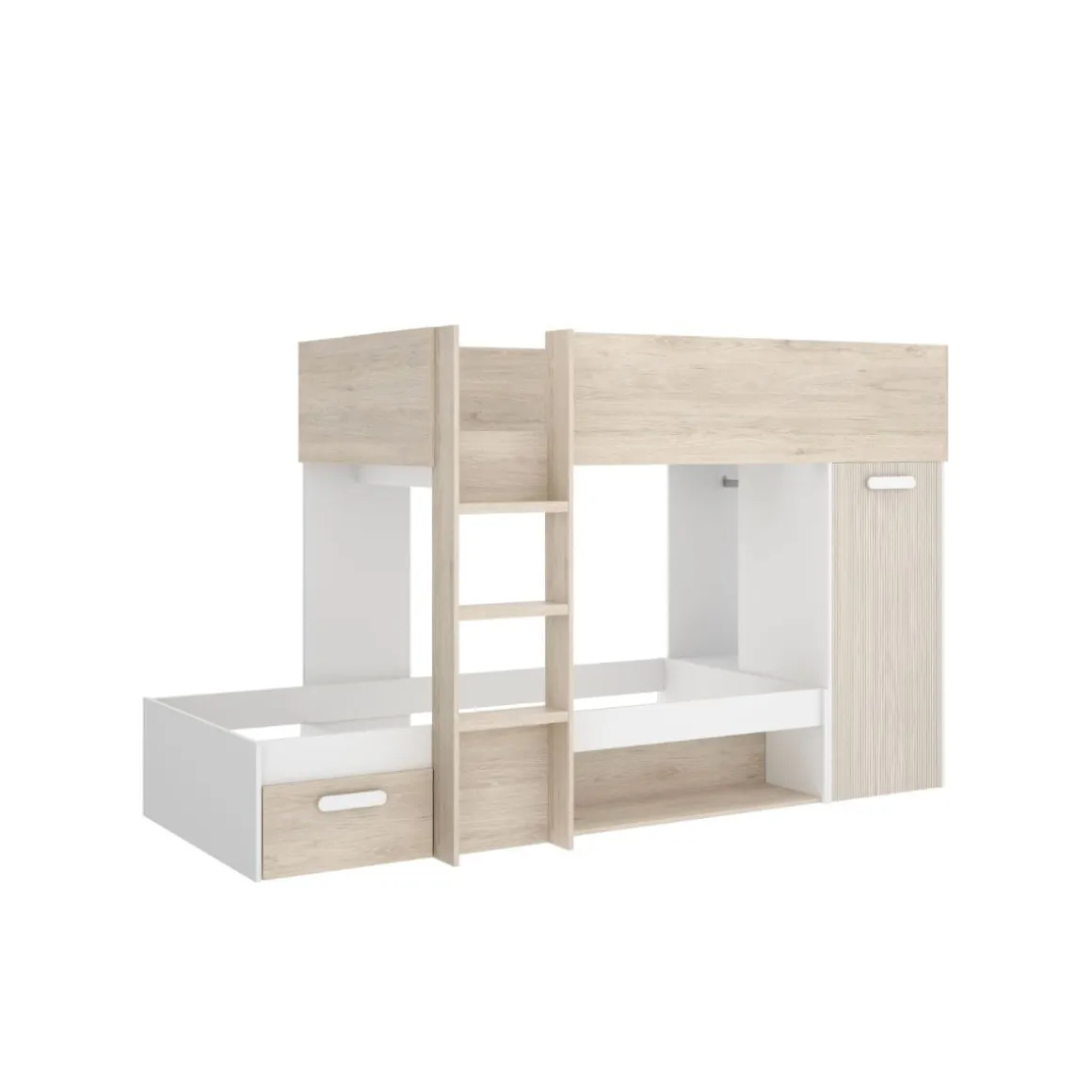 Cama tren Kos 2 camas + armario + cajón + 2 compartimentos + barra natural 150x246x112 cm