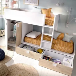 Cama tren Matt 2 camas con armario y 2 cajones 150x275x108 cm