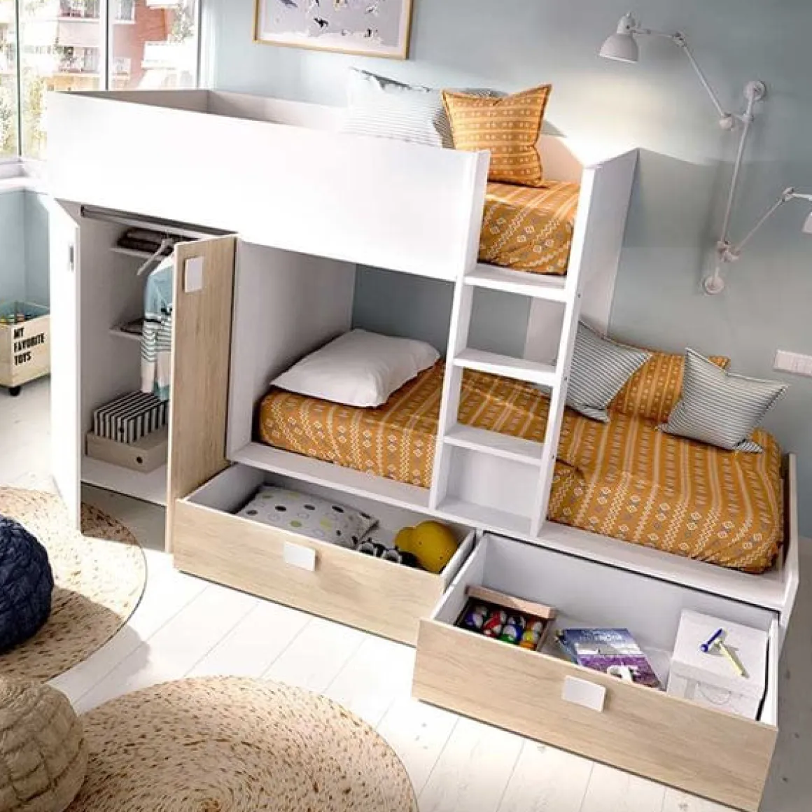 Cama tren Matt 2 camas con armario y 2 cajones 150x275x108 cm