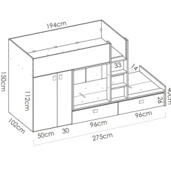 Cama tren Matt 2 camas con armario y 2 cajones 150x275x108 cm