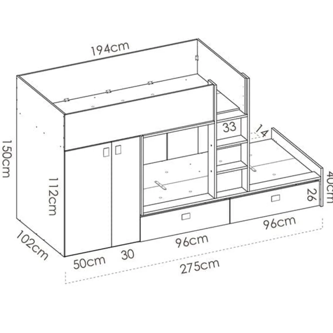 Cama tren Matt 2 camas con armario y 2 cajones 150x275x108 cm