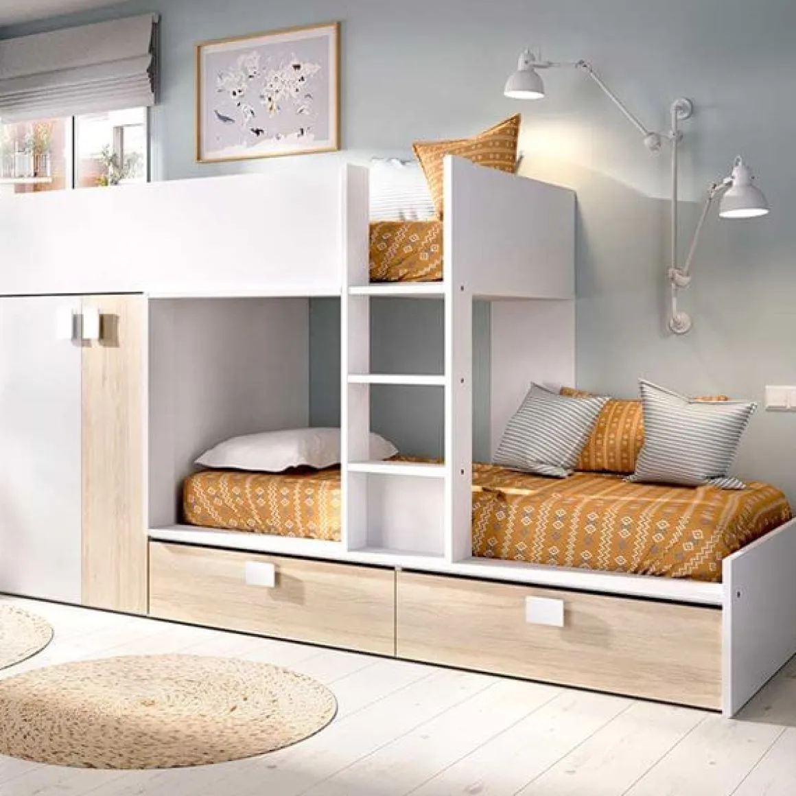 Cama tren Matt 2 camas con armario y 2 cajones 150x275x108 cm