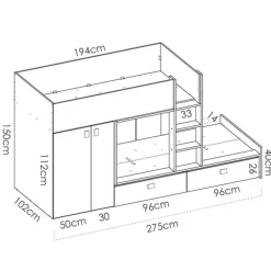 Cama tren Matt 2 camas con armario y 2 cajones 150x275x108 cm