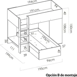 Cama tren Move con 2 camas y 2 opciones de montaje 150x255x112 cm
