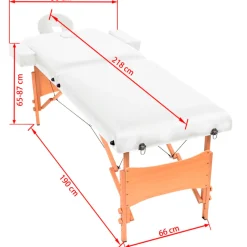 Camilla de masaje plegable 2 zonas reclinable blanco/natural 65/87x66x218 cm