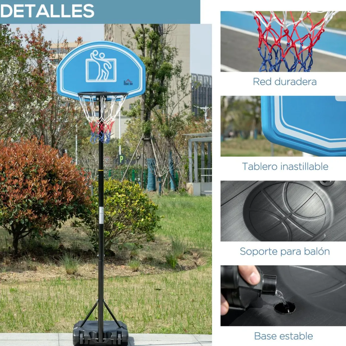 Canasta de baloncesto Gasol Homcom base rellenable + ruedas negro/azul 197,5-254x70x76 cm