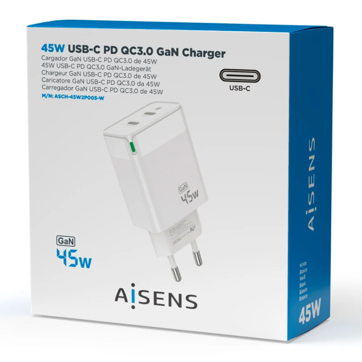 Cargador de pared Aisens ASCH-45W2P005-W 45W 2 USB-C tecnología GaN blanco