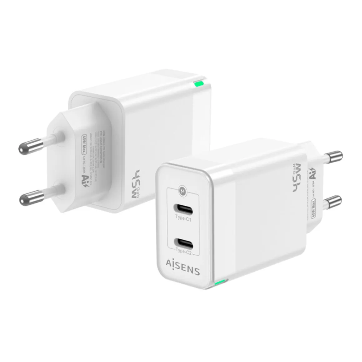 Cargador de pared Aisens ASCH-45W2P005-W 45W 2 USB-C tecnología GaN blanco