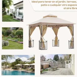 Carpa de jardín Cenja Outsunny 4 cortinas doble techo beige 3x3 m