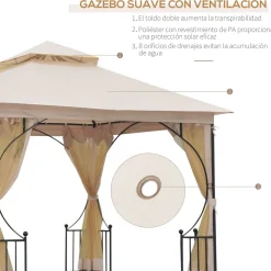 Carpa de jardín Cenja Outsunny 4 cortinas doble techo beige 3x3 m
