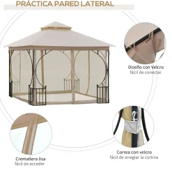 Carpa de jardín Cenja Outsunny 4 cortinas doble techo beige 3x3 m