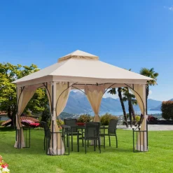 Carpa de jardín Cenja Outsunny 4 cortinas doble techo beige 3x3 m