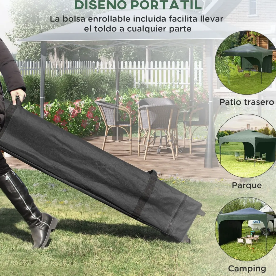 Carpa Tamy Outsunny plegable + altura ajustable + pared lateral verde 265x300x300 cm