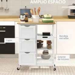Carrito auxiliar Austen Homocm 3 cajones con 2 estantes y bandeja extraíble 85,5x67x37 cm