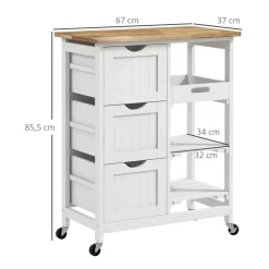 Carrito auxiliar Austen Homocm 3 cajones con 2 estantes y bandeja extraíble 85,5x67x37 cm