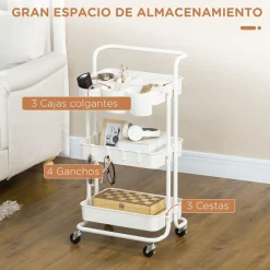 Carrito auxiliar Beany Homcom 3 niveles + ganchos y cajas colgantes blanco 86,5x42x38 cm