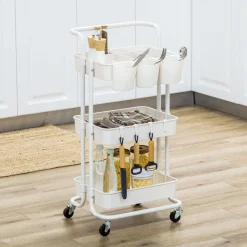 Carrito auxiliar Beany Homcom 3 niveles + ganchos y cajas colgantes blanco 86,5x42x38 cm
