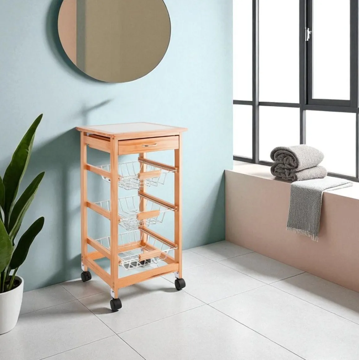 Carrito auxiliar Garbo Quid 3 cestas + cajón natural/blanco 76x37 cm