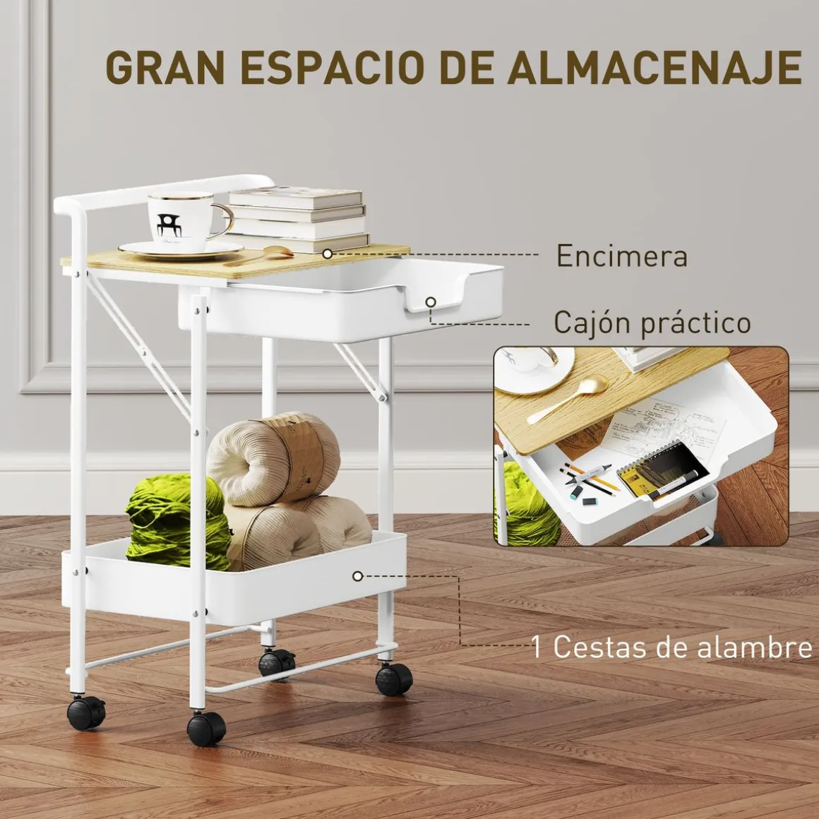 Carrito auxiliar Marcela Homcom 2 niveles blanco 68x45x29,5 cm