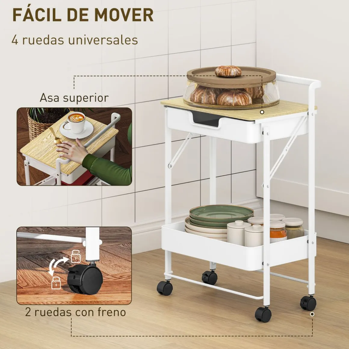 Carrito auxiliar Marcela Homcom 2 niveles blanco 68x45x29,5 cm