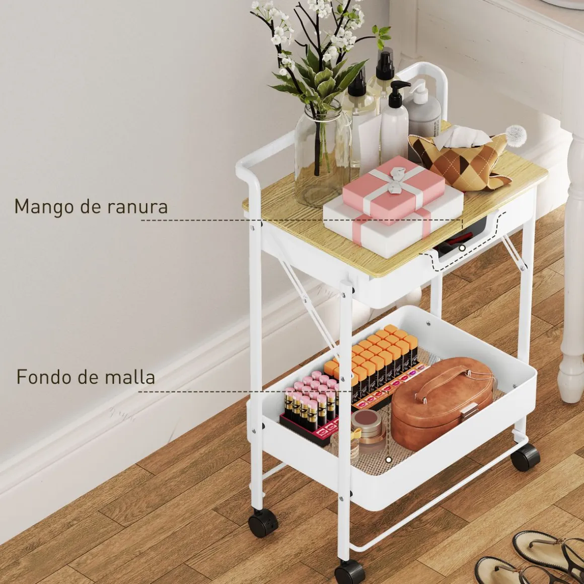 Carrito auxiliar Marcela Homcom 2 niveles blanco 68x45x29,5 cm