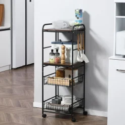 Carrito auxiliar Mieles Homcom 2 estantes + 2 cestas marrón/negro 111x40x38 cm