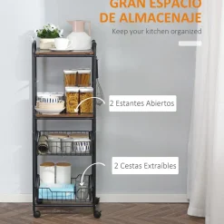 Carrito auxiliar Mieles Homcom 2 estantes + 2 cestas marrón/negro 111x40x38 cm