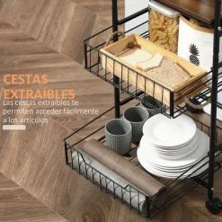 Carrito auxiliar Mieles Homcom 2 estantes + 2 cestas marrón/negro 111x40x38 cm