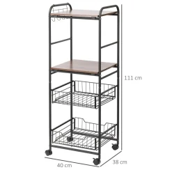 Carrito auxiliar Mieles Homcom 2 estantes + 2 cestas marrón/negro 111x40x38 cm