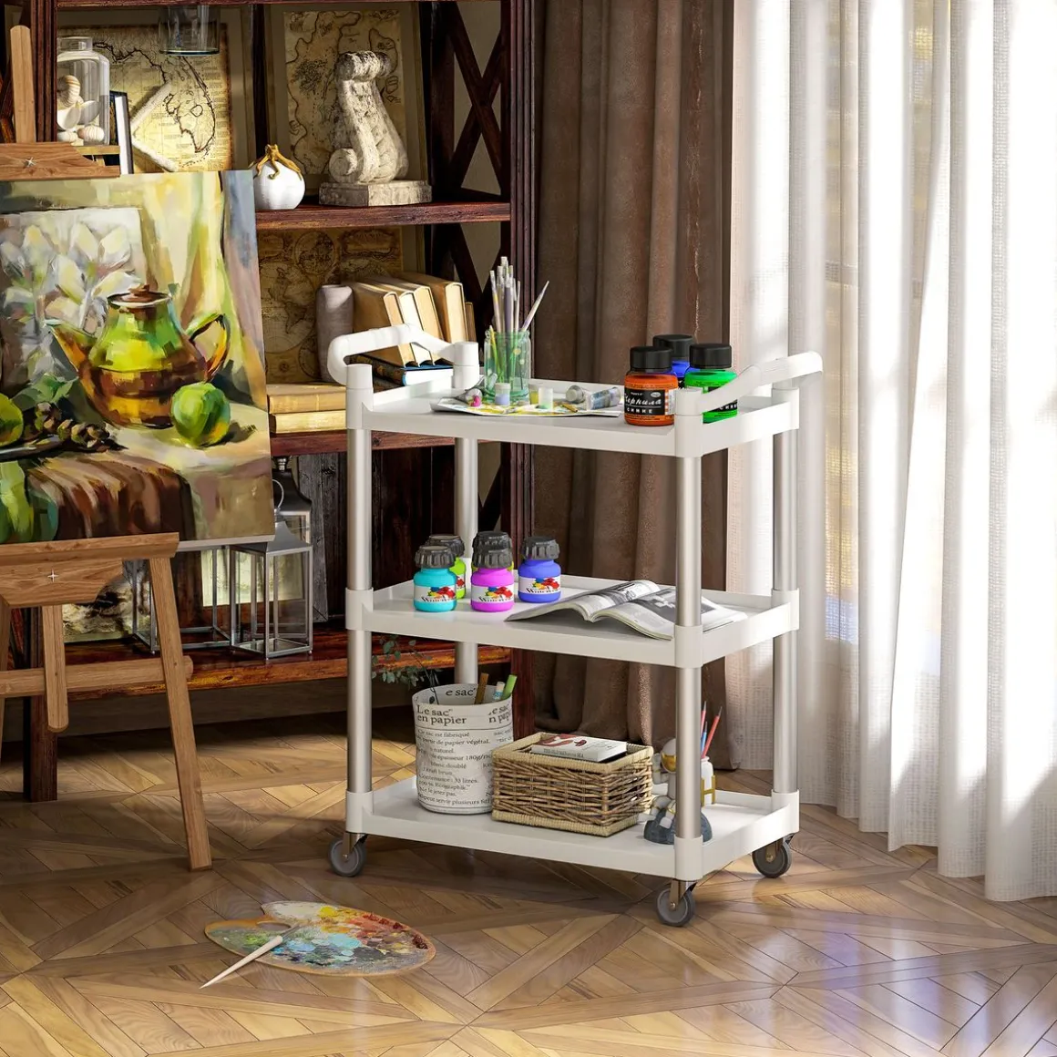 Carrito auxiliar Miño Homcom 3 estantes aluminio blanco 93x44x88 cm