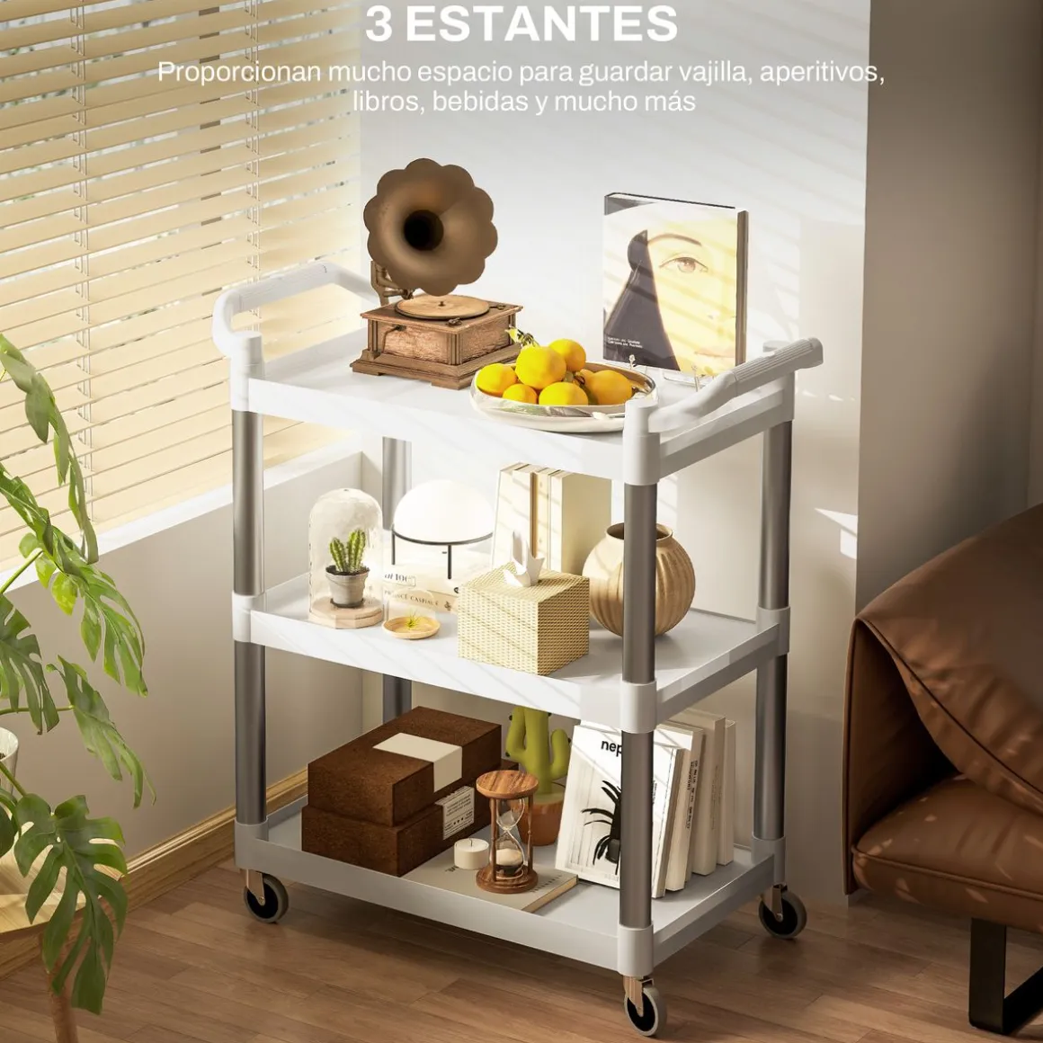 Carrito auxiliar Miño Homcom 3 estantes aluminio blanco 93x44x88 cm