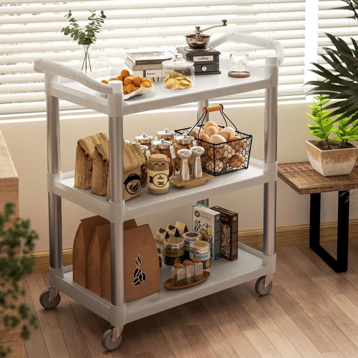 Carrito auxiliar Miño Homcom 3 estantes aluminio blanco 93x44x88 cm
