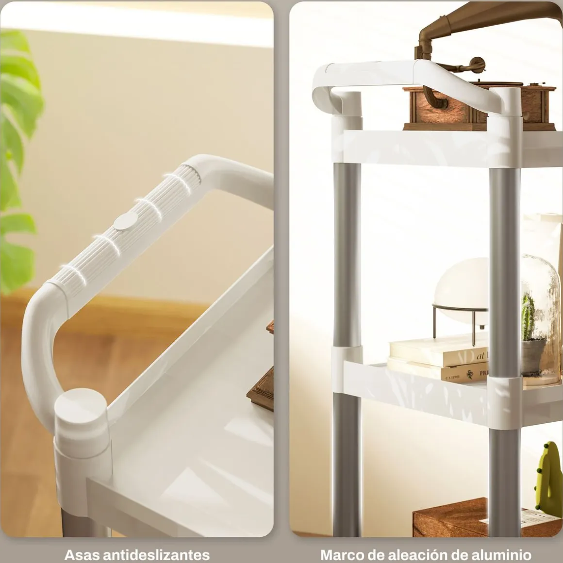 Carrito auxiliar Miño Homcom 3 estantes aluminio blanco 93x44x88 cm