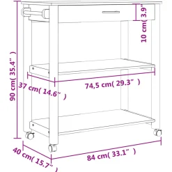 Carrito auxiliar Monza 2 estantes + cajón madera de pino 90x84x40 cm